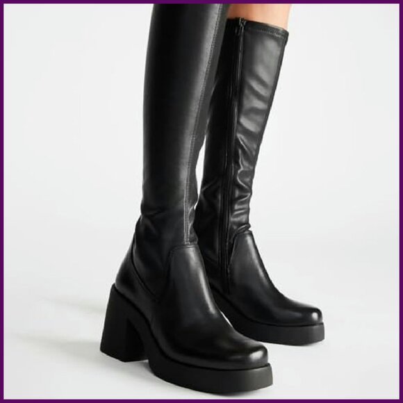 Knee High Boots Square Toe Chunky Heel Pull On Side Zipper Fall Winter - Picture 6 of 8